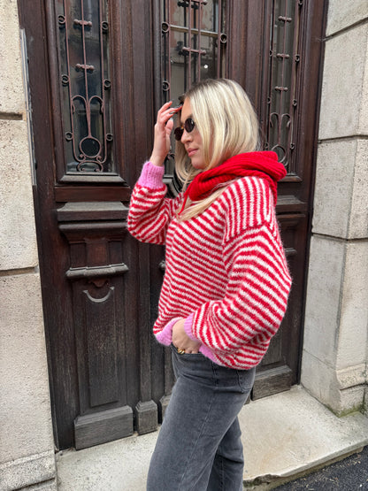 PULL EDY RAYÉ ROSE ROUGE