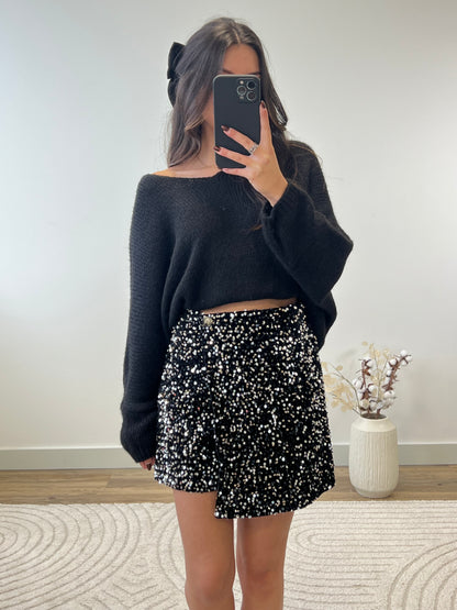 JUPE SHORT À SEQUINS ARGENTÉ