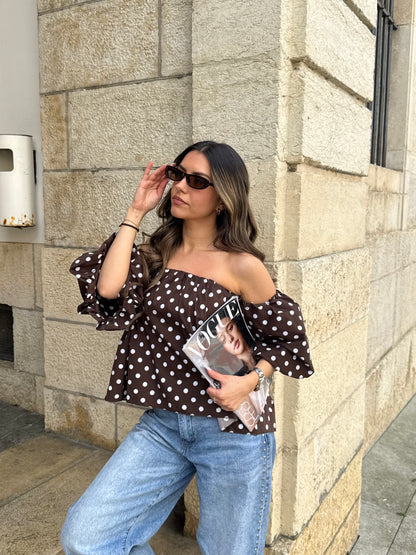 BLOUSE GABY MARRON À POIS
