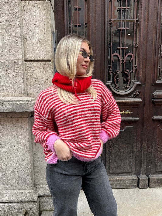 PULL EDY RAYÉ ROSE ROUGE